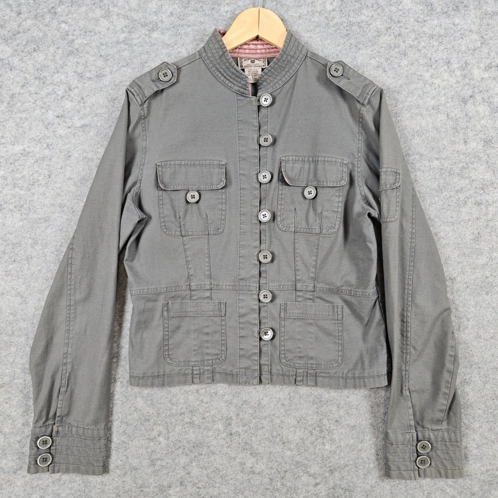 Doki Geki Girls Jacket Size L Gray-Green Cotton Blend Utility Style Button Front